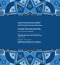 Template for card or invitation with blue ornament in ethnic style. Vector design with mandala pattern and place for text Royalty Free Stock Photo