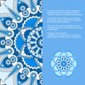 Template for card or invitation with blue ornament and place for text. Vector design with mandala pattern Royalty Free Stock Photo