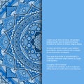 Template for card or invitation with ornament in ethnic style and place for text. Vector design with blue mandala pattern Royalty Free Stock Photo