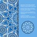 Template for card or invitation with ornament in ethnic style and place for text. Vector image with blue and white mandala Royalty Free Stock Photo