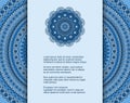 Template for card or invitation with ornament and place for text. Vector design with blue mandala pattern Royalty Free Stock Photo