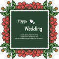 Template of card, lettering of happy wedding, with crowd cute wreath frame. Vector