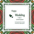 Template of card, lettering of happy wedding, with crowd cute wreath frame. Vector