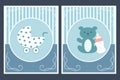Template cards with baby carriage and teddy bear for boy. For baby shower or greeting card Royalty Free Stock Photo