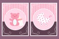 Template cards with baby carriage and teddy bear for girl. For baby shower or greeting card Royalty Free Stock Photo