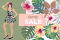 Spring sale card. Beautiful Asian girl and floral background. Royalty Free Stock Photo