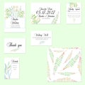 Template cards set with tender watercolor mint and green branches