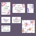 Template cards set with watercolor purple posies Royalty Free Stock Photo