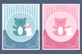 Template cards with teddy bear and bottle for boy and girl. For baby shower or greeting card Royalty Free Stock Photo
