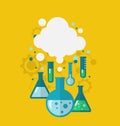 Template of chemical experiment showing various tests being conducted in laboratory glassware using chemical solutions and