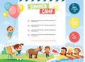 Template. Children enjoy summer. Boy flying with balloons. Boy feeding a pony