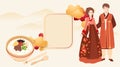 Template for Chinese new year with mountains, clouds and copy space. Asian family in hanbok traditional clothes with