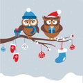 Template of Christmas card with couple of owls Royalty Free Stock Photo