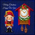 Template Christmas greeting card with Nutcracker and vintage cuckoo clocks on a blue background. Vector illustration. Royalty Free Stock Photo