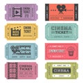 Template of cinema tickets. Vector designs of various cinema tickets with illustrations of video cameras and other tools Royalty Free Stock Photo