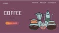 Template for coffee roasters website. Vector illustration for coffee shop. Design for banner, landing page, web page, blog post, Royalty Free Stock Photo