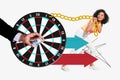 Template collage of girl lady playing darts carry board with her jackpot hundred dollars bunch