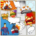 Template comic book page with warships. Vector retro background mock-up. Comic book page divided by lines with speech