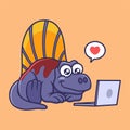 Cute Dino Dimetrodon watching laptop cartoon character vector illustration