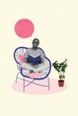 Template creative collage of minded clever lady sit comfy chair read textbook homework solving science tasks