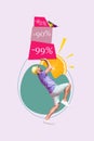 Template creative magazine collage of happy guy enjoying shopping hold incredible summer season sale low price