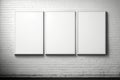 Template for the design of art works. Three white frames on a brick wall in an empty room. AI generated Royalty Free Stock Photo