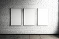 Template for the design of art works. Three white frames on a brick wall in an empty room. AI generated Royalty Free Stock Photo