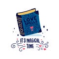 Template design banner with doodle book. It`s magical time poster with cute book love spells. Illustration for lov
