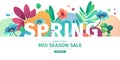 Template design banner for spring season sale. Promotion offer layout with plants, leaves and floral decoration