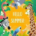 Template design card with cartoon style icons of zebra, giraffe, flamingo, koala, parrot ara. Cute characters in frame with text