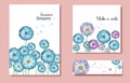 Template or design for greeting cards or invitations and bookmark with colorful watercolor hand drawn dandelions and flying blown