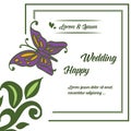 Template design happy wedding, texture green leaf and decoration butterfly. Vector