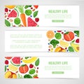 Template design horizontal banner with the decor of the fruit. Vertical pattern of natural foods, fruits, vegetables and