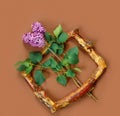 Template for design with vintage wooden frame and branch of lilac in the shape of heart Royalty Free Stock Photo