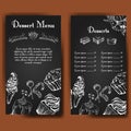 Template for dessert menu with sweet tasty cakes. Hand drawn design for poster, restaurant menu. Bakery sketch background