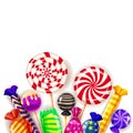 Template different sweets colorful background. Set lollipops, candies dragee, peppermint, macarons, chocolate, caramel Royalty Free Stock Photo