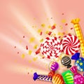 Template different sweets colorful background. Set lollipops, candies dragee, peppermint, macarons, chocolate, caramel