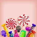 Template different sweets colorful background. Set lollipops, candies dragee, peppermint, macarons, chocolate, caramel