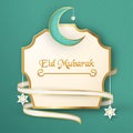 Template for Eid Mubarak with green and gold color tone. 3D Vector illustration in paper cut and craft for islamic greeting card