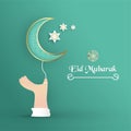 Template for Eid Mubarak with green and gold color tone. 3D Vector illustration in paper cut and craft for islamic greeting card