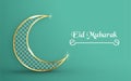 Template for Eid Mubarak with green and gold color tone. 3D Vector illustration in paper cut and craft for islamic greeting card