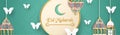 Template for Eid Mubarak with green and gold color tone. 3D Vector illustration in paper cut and craft for islamic greeting card