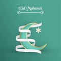 Template for Eid Mubarak with green and gold color tone. 3D Vector illustration in paper cut and craft for islamic greeting card