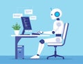 A humanoid robot with a white and blue design works at a desk, typing on a computer keyboard Royalty Free Stock Photo