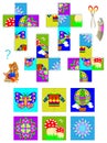 Template with exercise for children. Using scissors and glue need to make four cubes, then put together the pictures of them.