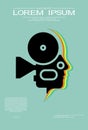 Template for festival retro cinema. Silhouette of cinema projector inside human head. Vintage film design with place for your text