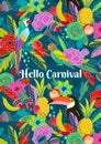 Template with flowers, fruits, birds, musical instruments. Brazil carnival. Vector design for carnival concept and other