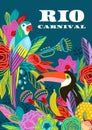 Template with flowers, fruits, birds, musical instruments. Brazil carnival. Vector design for carnival concept and other