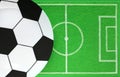 Template of football soccer party table. Empty big plate like soccer ball on dish mat like football field.