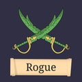 Template of Game Character, Class. Rogue, Thief, Knave Classes. Attributes of rogue isolated on dark background. Vector